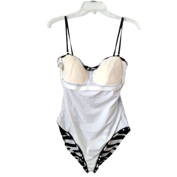 NWOT Kenneth Cole Black & White Stripe 1 Pc Swimsuit, Sz L - Picture 10 of 15